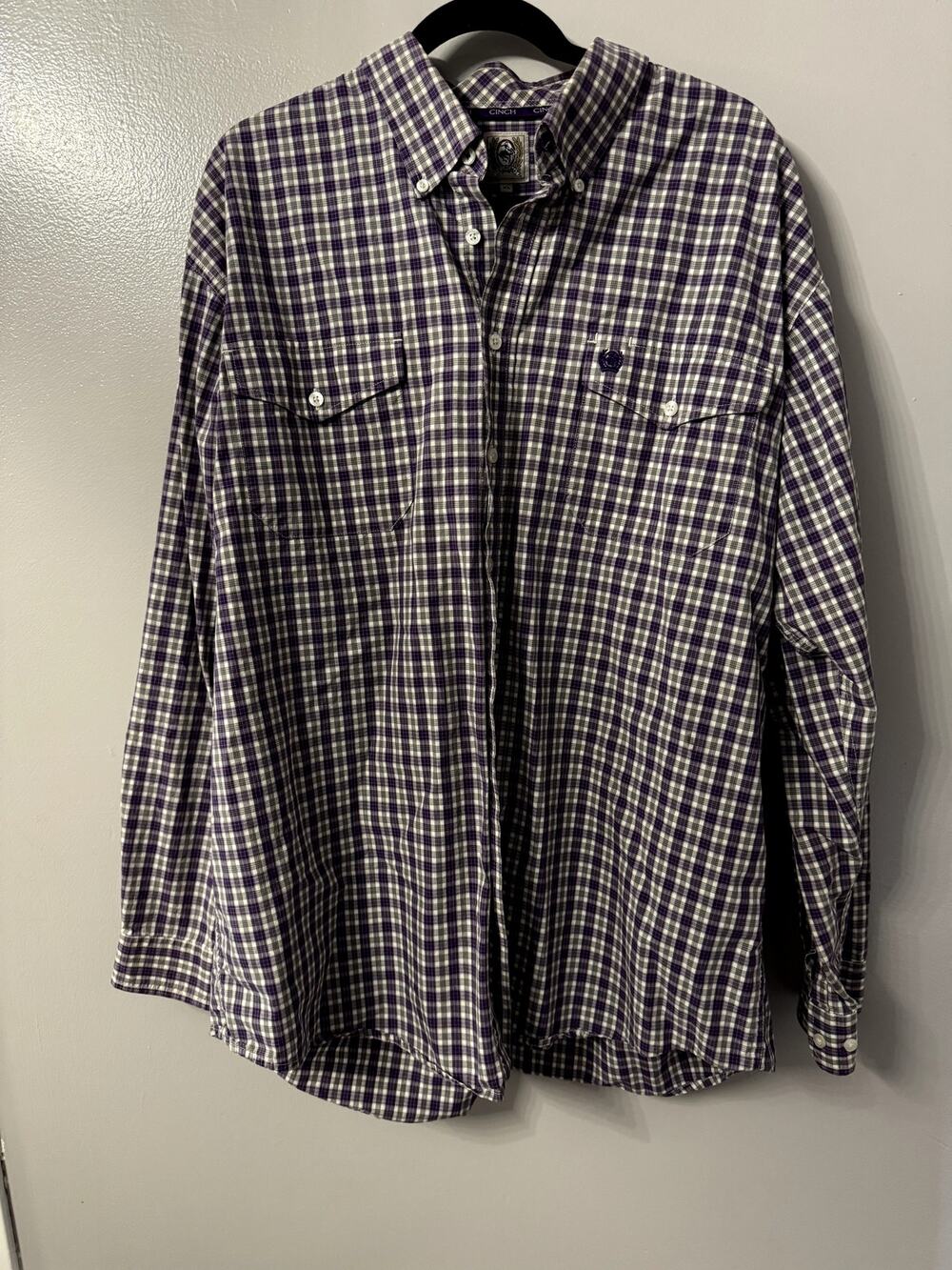 XL Cinch Long Sleeve Button Down- Purple Plaid